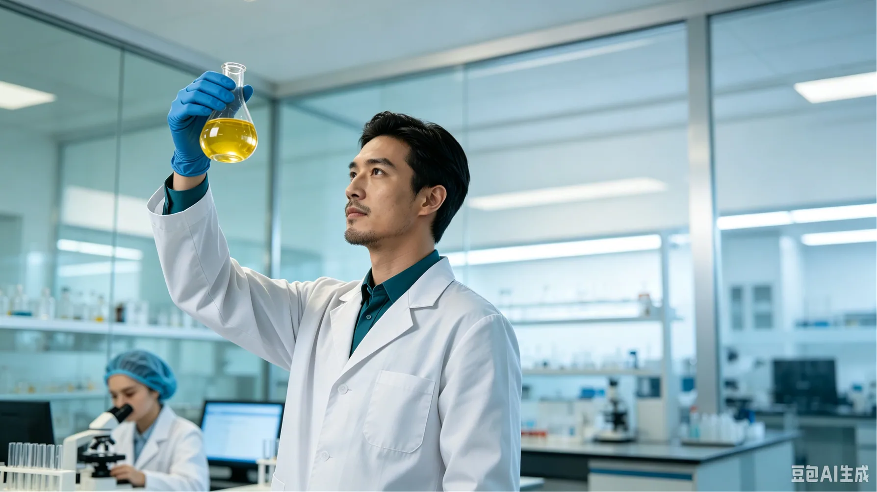 Chemist checking a flask in the QC laboratory